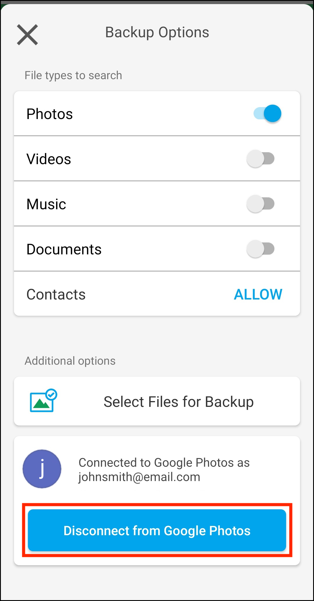 Backup Options > Google Photos Connected > Disconnect from Google Photos.png