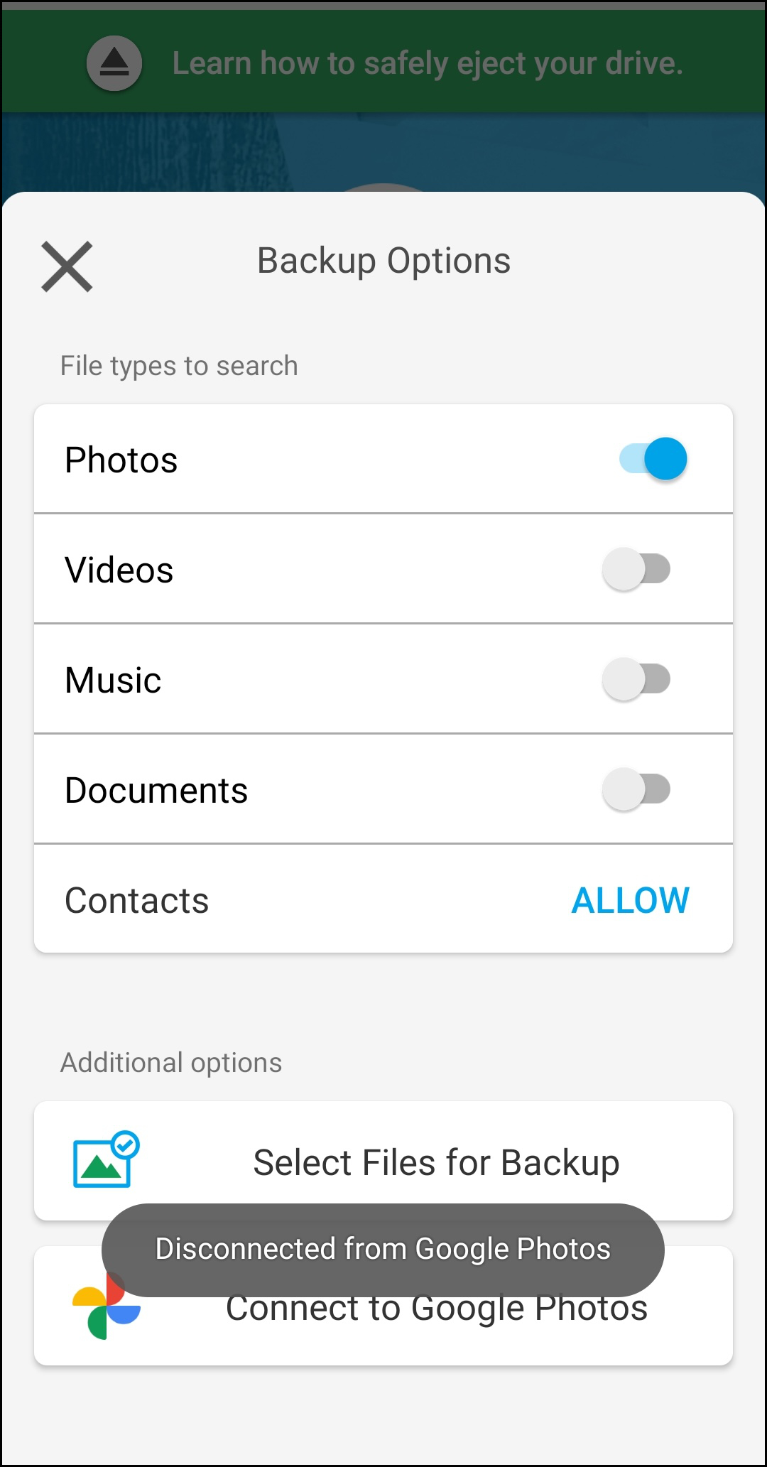 Backup Options > Google Photos Disconnected.png