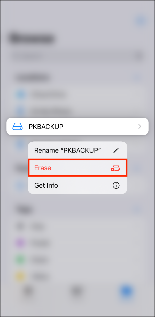 Files > Browse > Tap and Hold PKBACKUP 02 > Erase.PNG