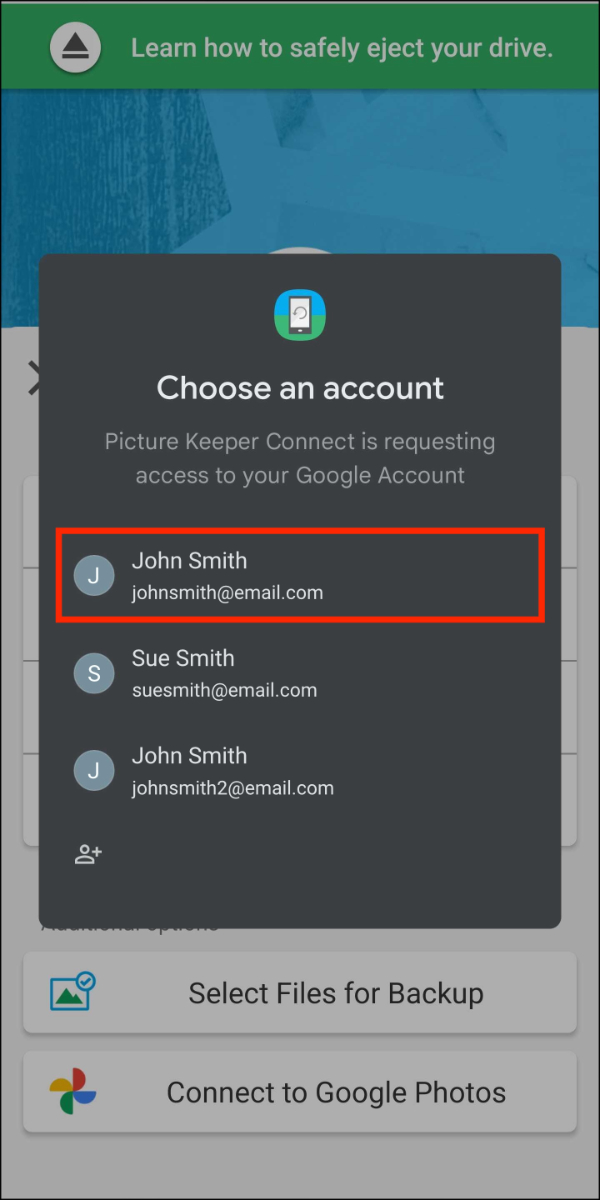 Backup Options > Google Photos > Select Account > johnsmith@email.com.jpg