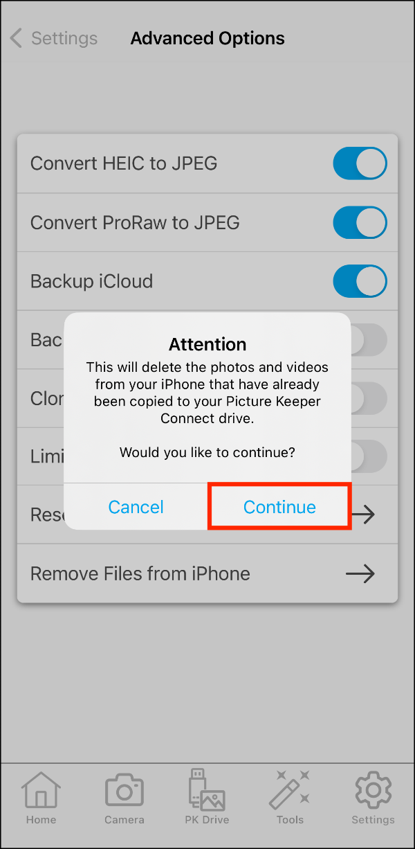 Advanced Options > Remove Files from iPhone Prompt > Continue.PNG