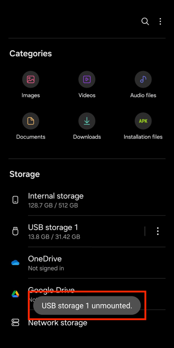 My Files > USB storage 1 > Unmount > Unmounted > Outlined.jpg