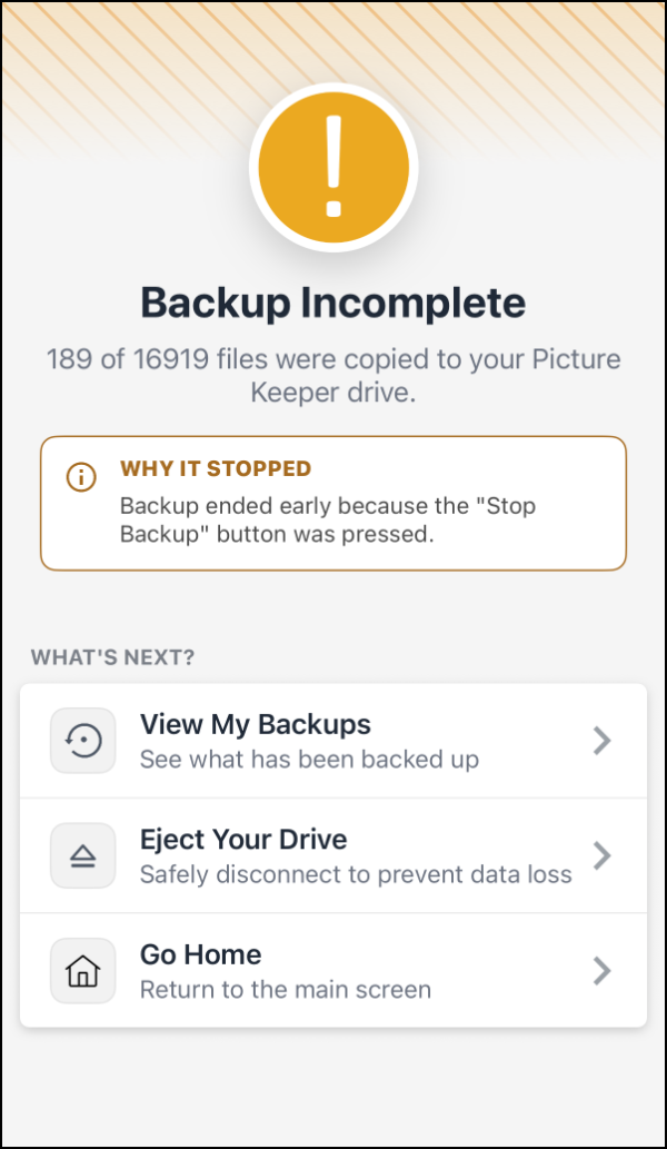 The Backup Incomplete screen, showing why the backup stopped