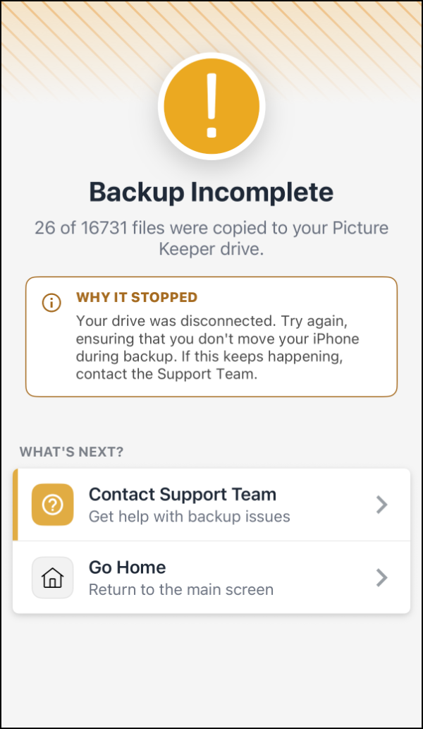 The Backup Incomplete screen with the reason and the Resume Backup button
