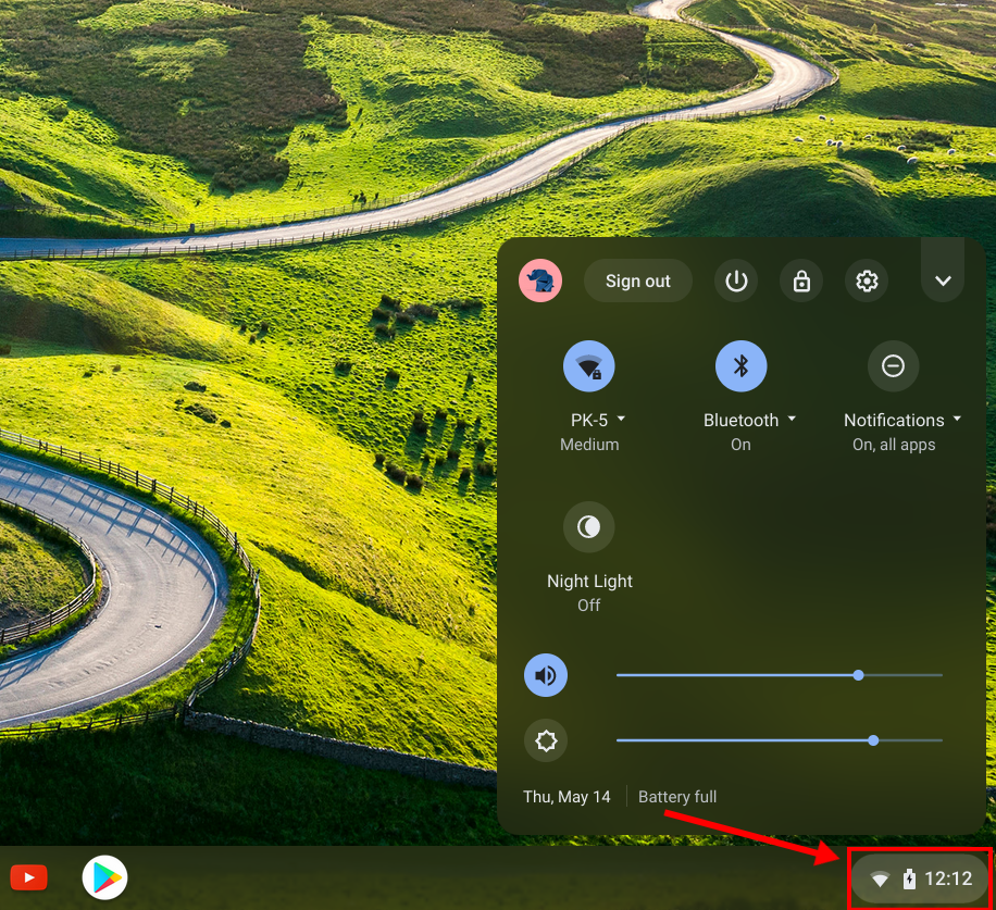 Chromebook status area - click the time
