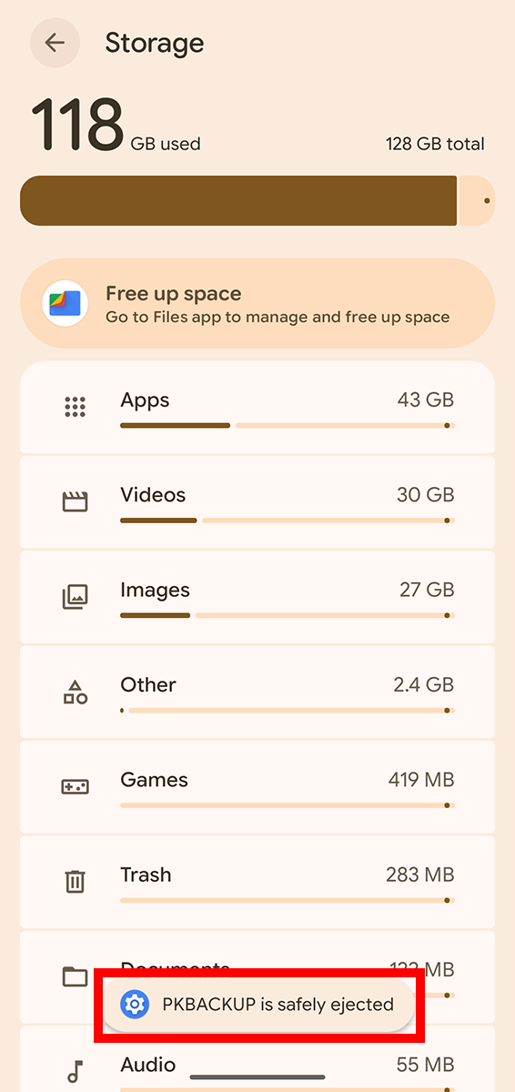 Storage screen showing the PKBACKUP is safely ejected message