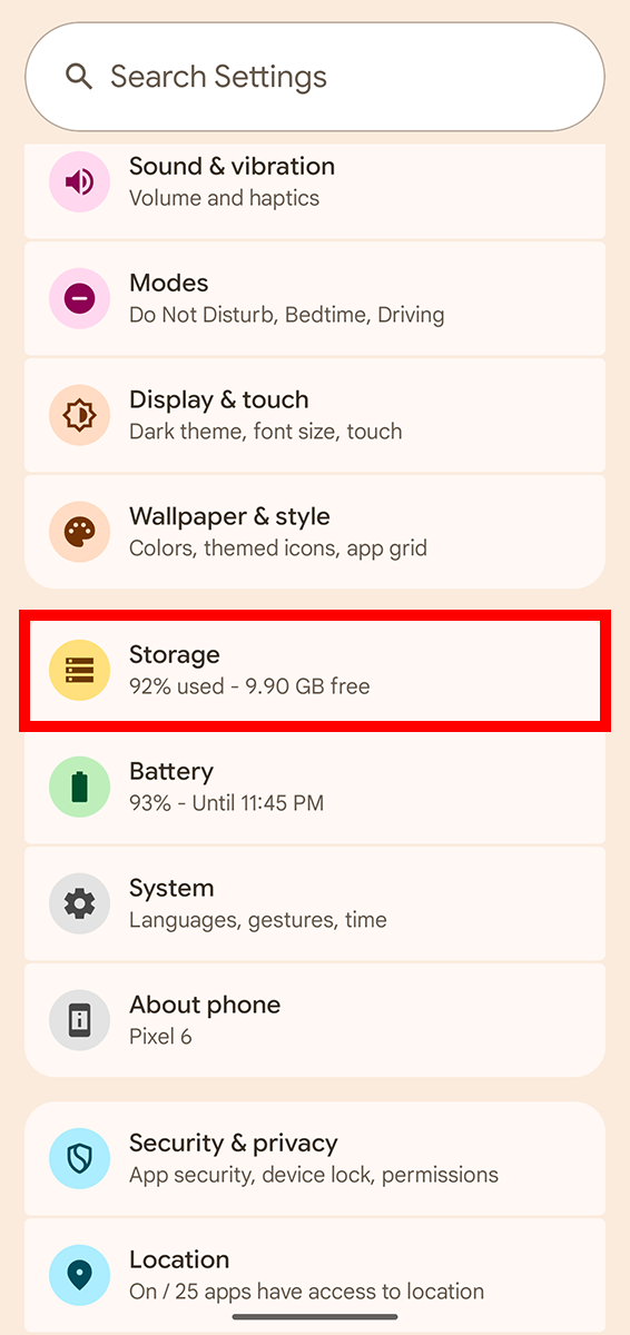 Settings app with Storage highlighted