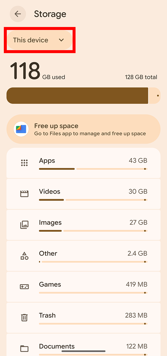 Storage screen with This device highlighted