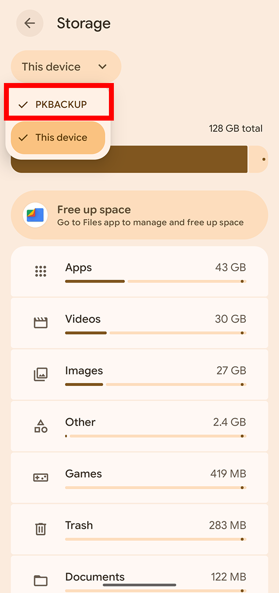 Storage list with PKBACKUP highlighted