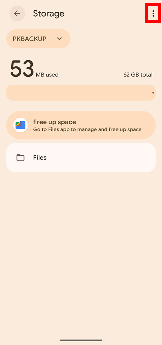 Storage screen for PKBACKUP with the more button highlighted