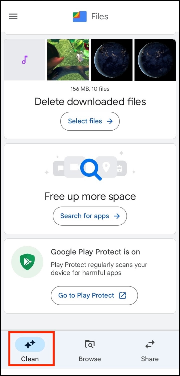 The Files by Google app with the Clean tab highlighted at the bottom left