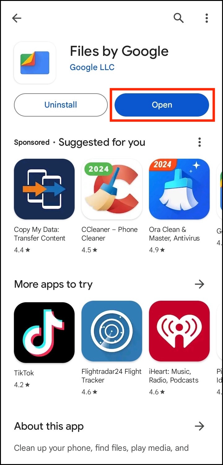 The Files by Google page in the Play Store with the Open button highlighted