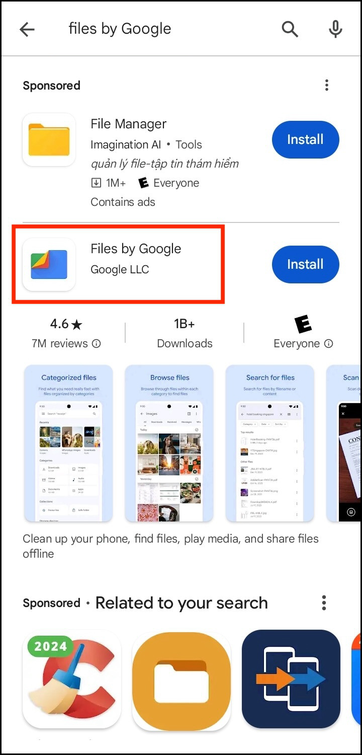Play Store search results with Files by Google highlighted