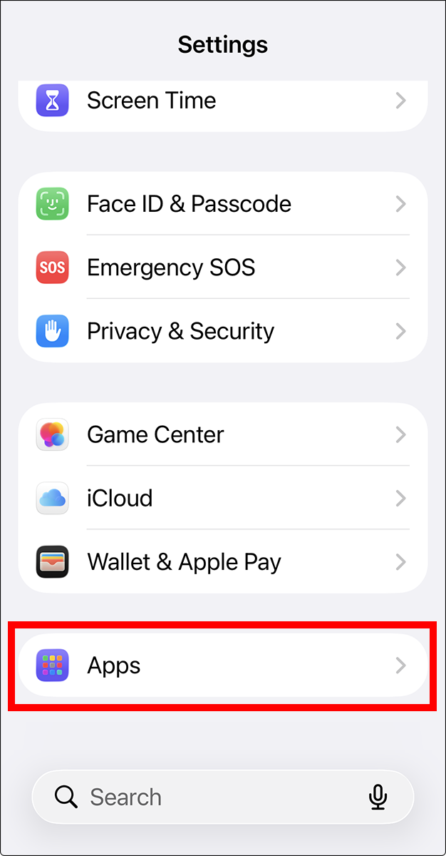 Settings app with Apps highlighted