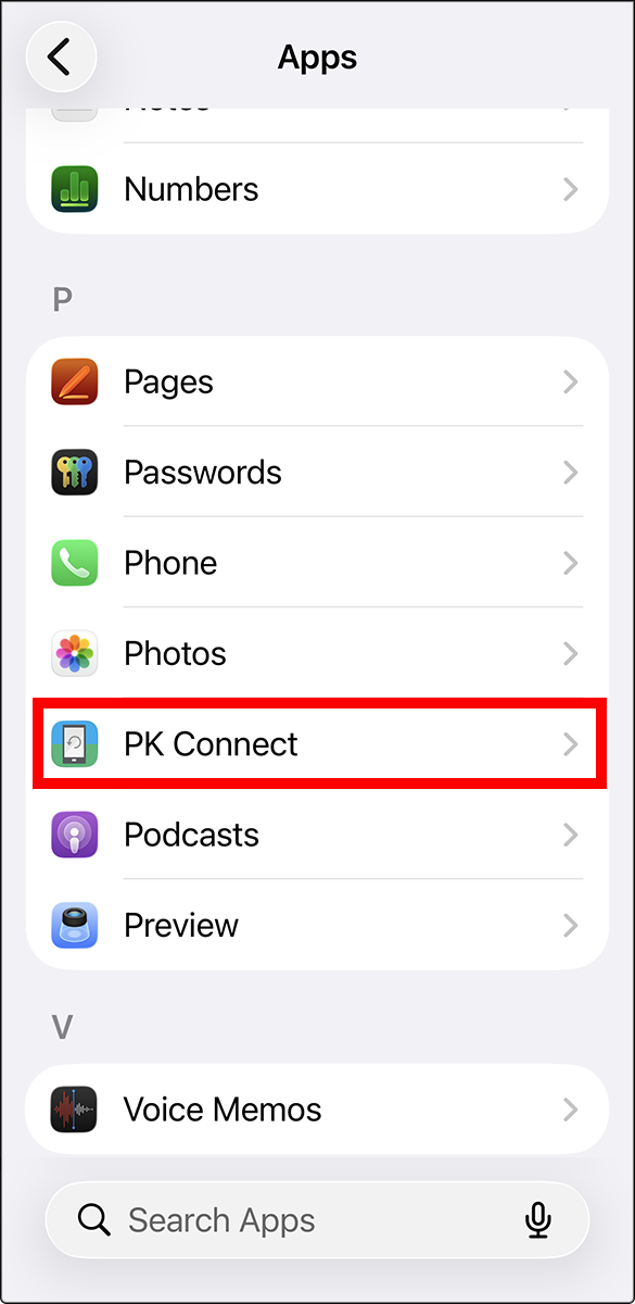 Apps list in Settings with PK Connect highlighted