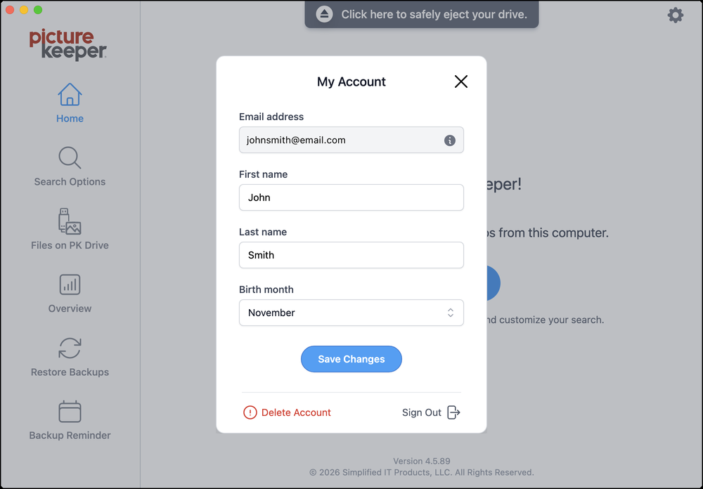 My Account dialog