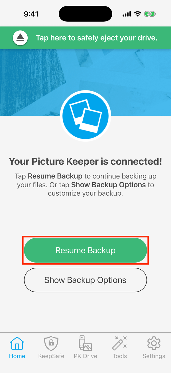 Home, with Resume Backup highlighted
