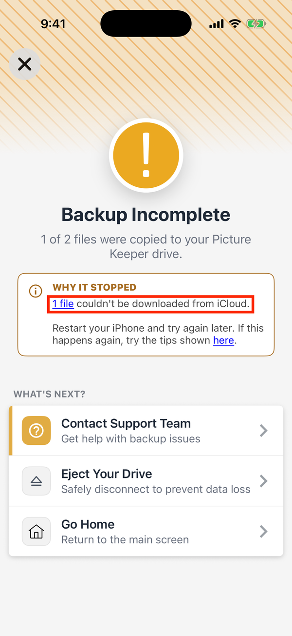 Backup Incomplete, with 1 file couldn’t be downloaded from iCloud highlighted