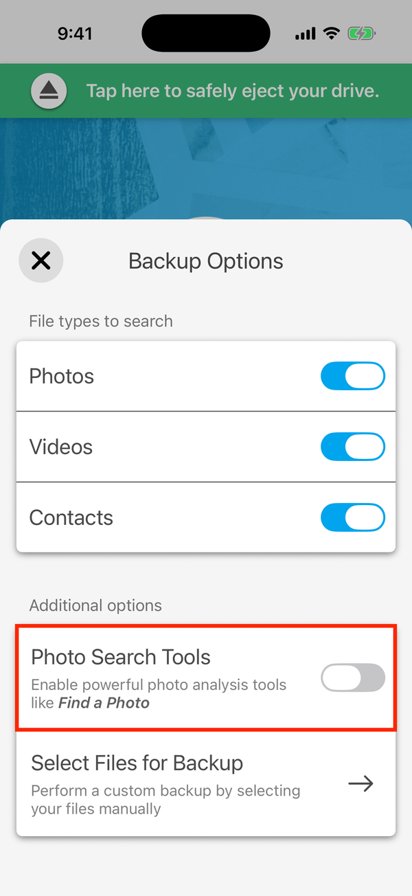 Backup Options, with Photo Search Tools highlighted