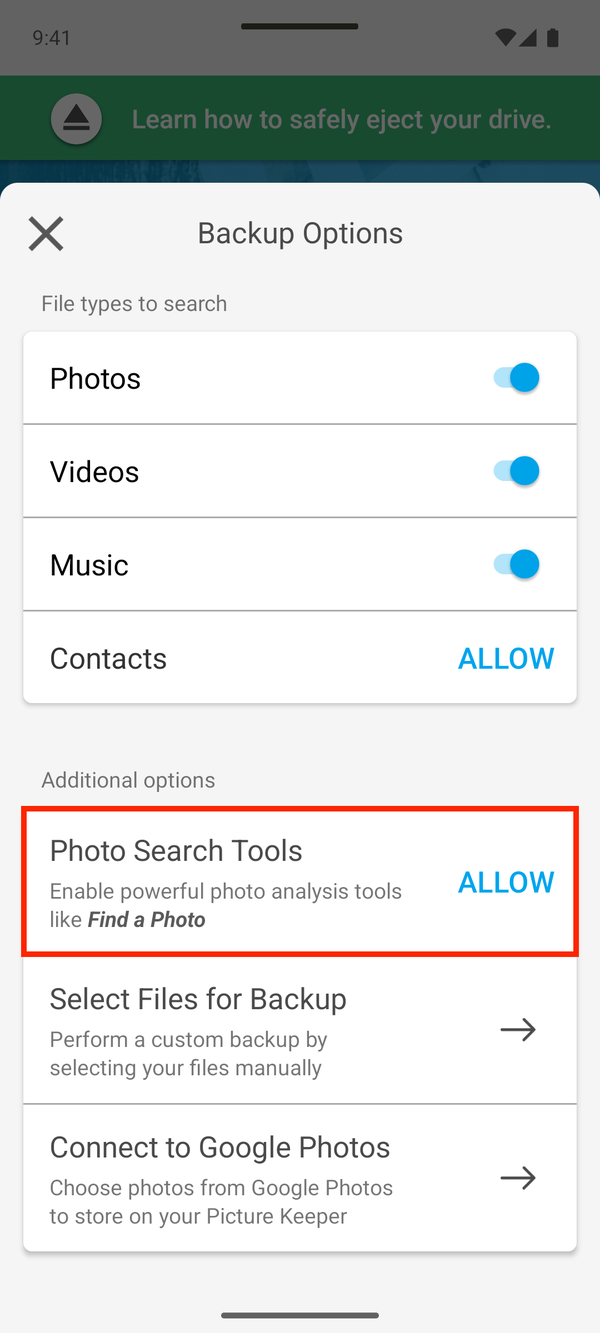 Backup Options, with Photo Search Tools highlighted