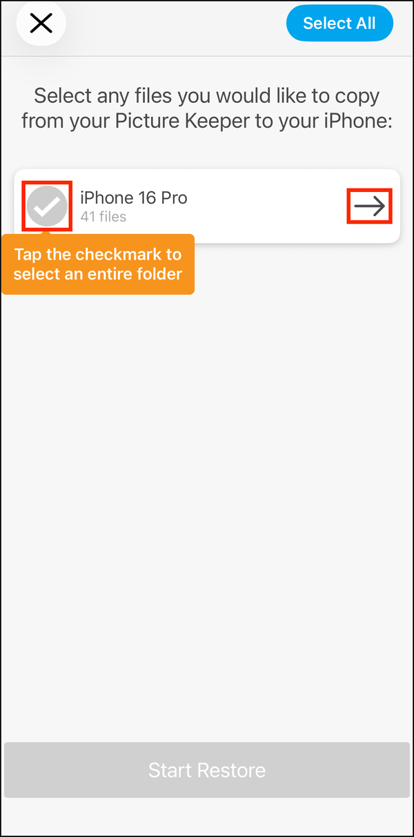 The restore list, with a folder's checkmark and arrow highlighted