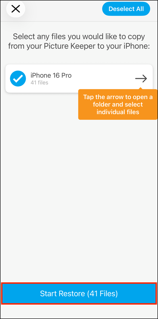 A folder selected, with Start Restore highlighted