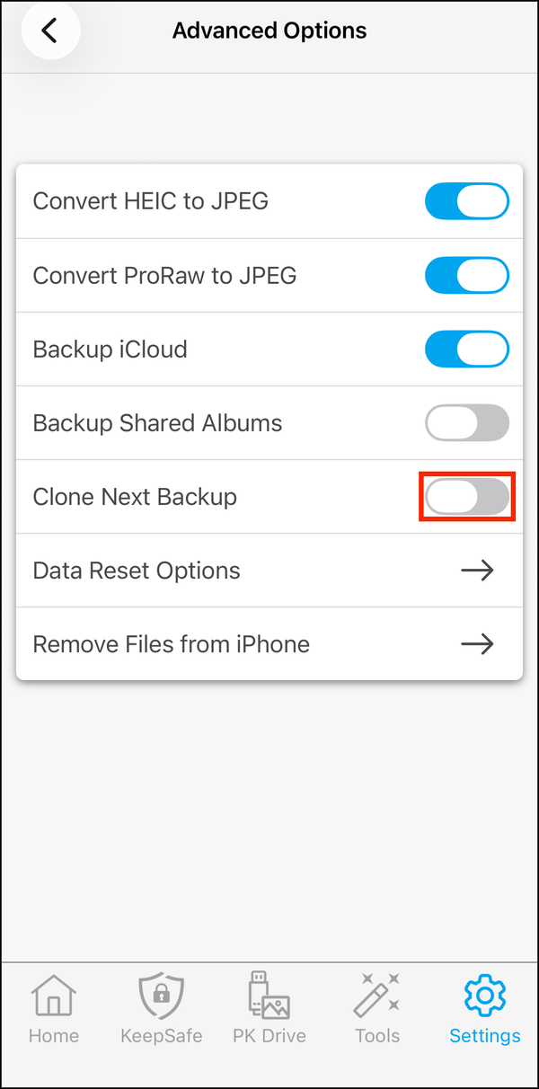 Advanced Options, with the Clone Next Backup switch highlighted