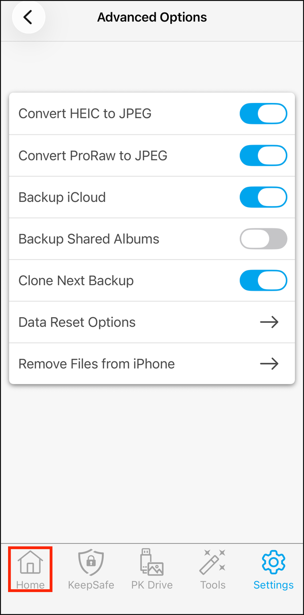 Clone Next Backup turned on, with Home highlighted