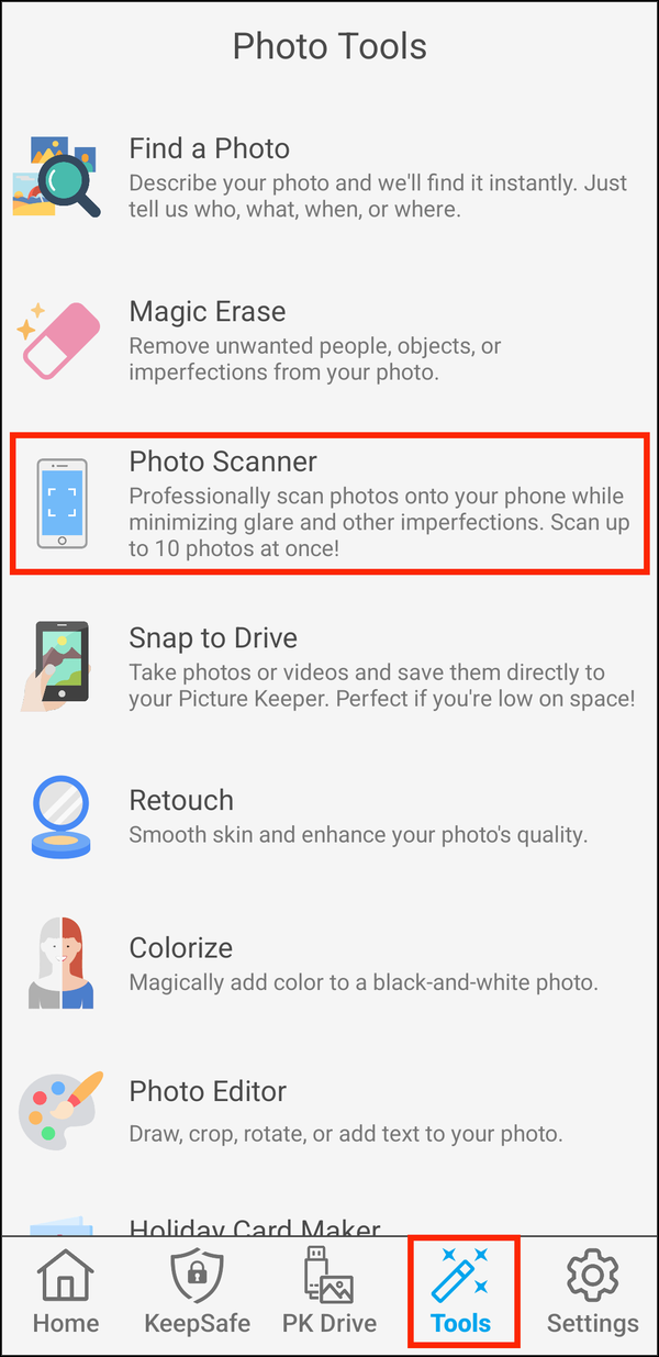 The Tools tab, with Photo Scanner highlighted