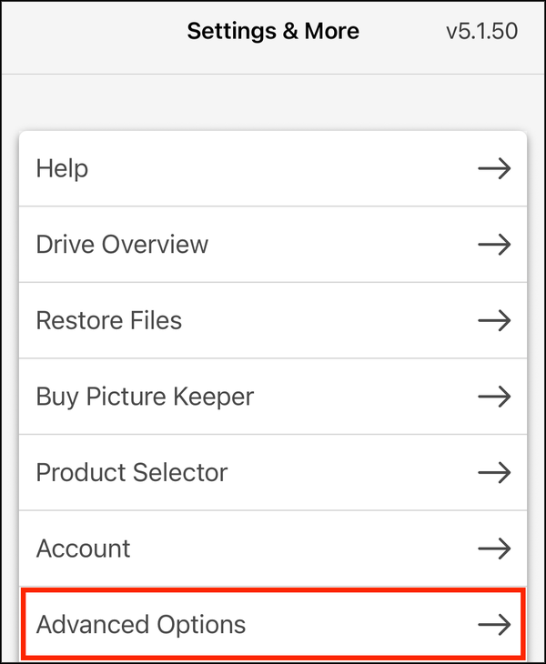 Settings, with Advanced Options highlighted