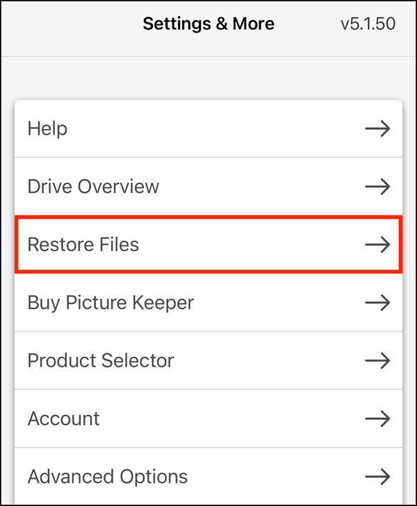 Settings, with Restore Files highlighted