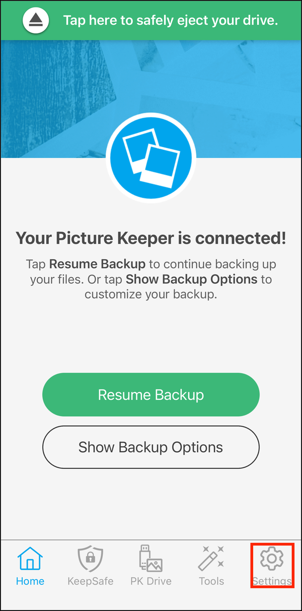 The Home screen, with Settings highlighted