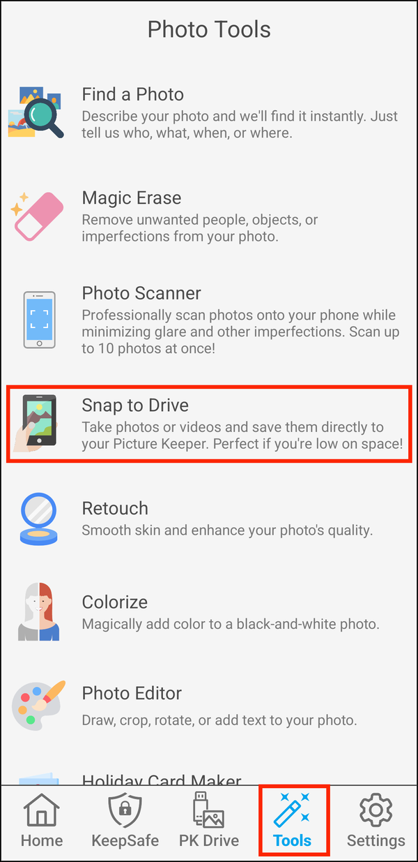 The Tools tab, with Snap to Drive highlighted