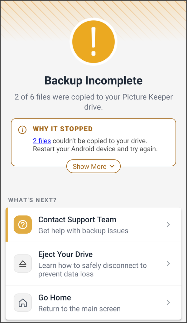 The Backup Incomplete screen, with a count of the files that didn’t back up and the Show More button