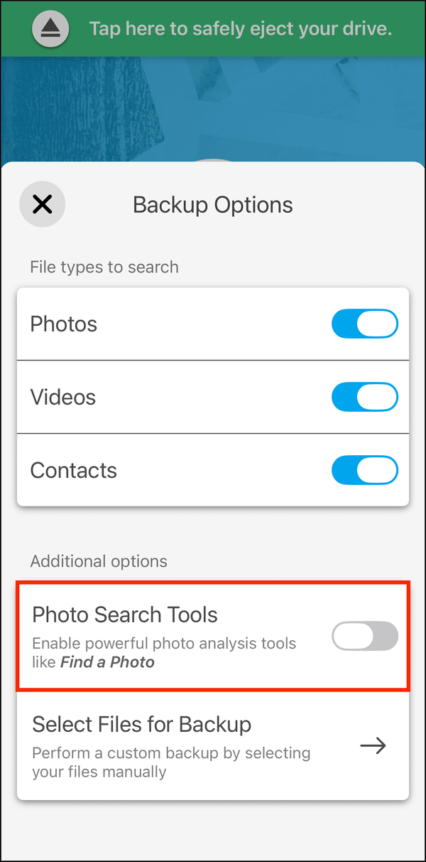 Backup Options, with Photo Search Tools highlighted