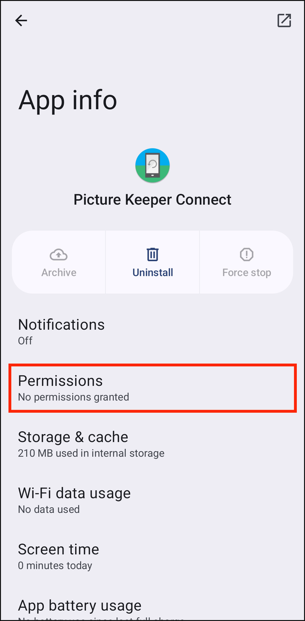 App info with Permissions highlighted