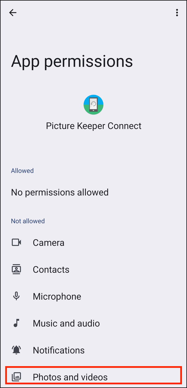 App permissions with Photos and videos highlighted
