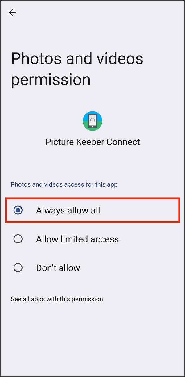 Photos and videos permission with Always allow all selected