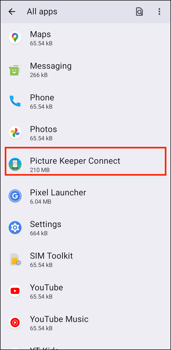 All apps list with Picture Keeper Connect highlighted