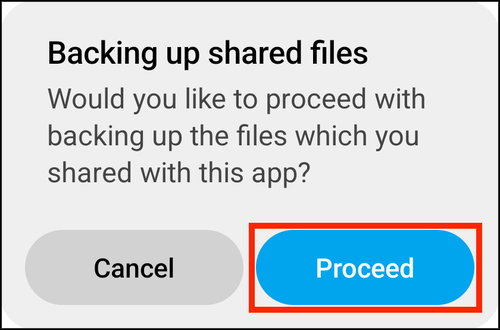 Backing up shared files alert with Proceed highlighted