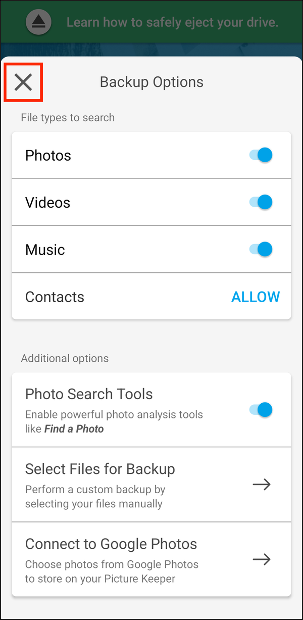 Backup Options with the X highlighted