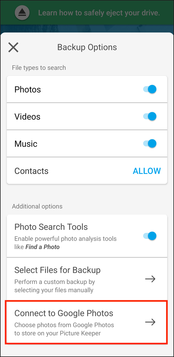 Backup Options with Connect to Google Photos highlighted