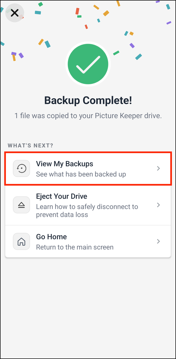 Backup Complete with View My Backups highlighted
