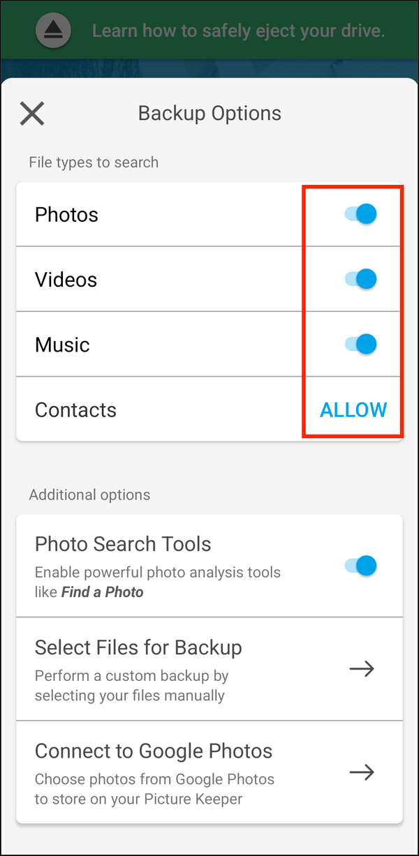 Backup Options with the file type switches and ALLOW highlighted
