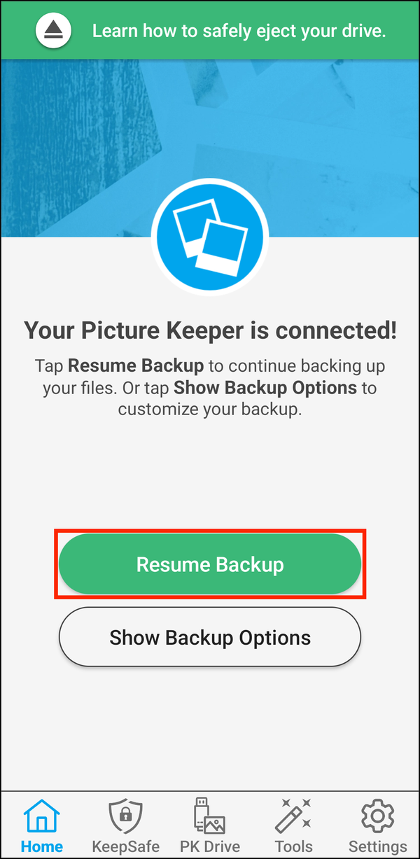 Home screen with Resume Backup highlighted