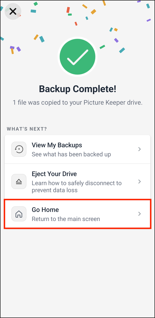 Backup Complete with Go Home highlighted