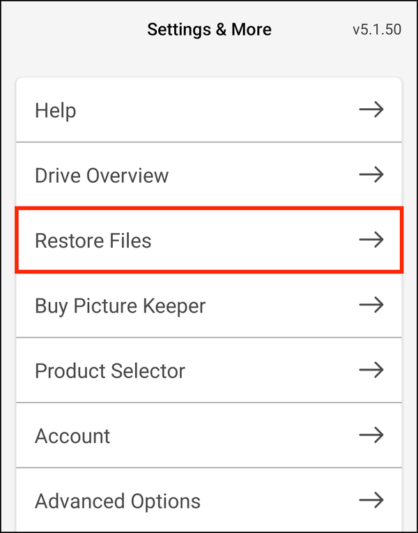 Settings with Restore Files highlighted
