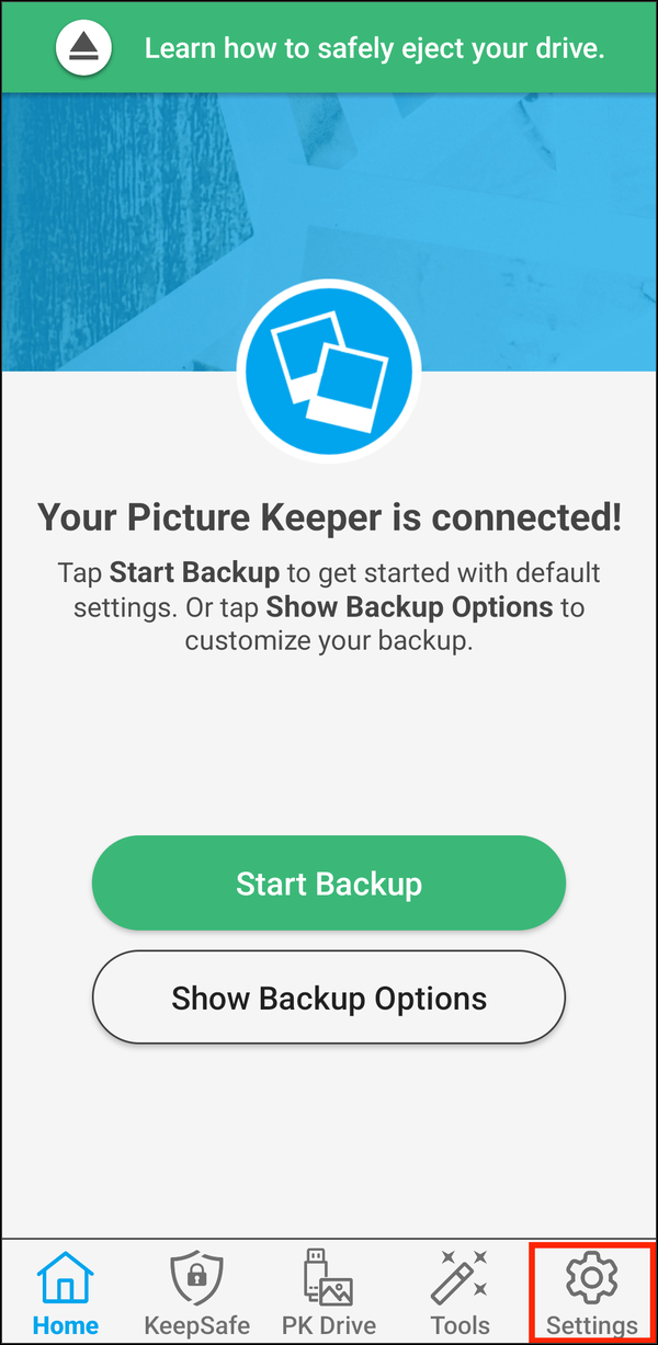 Home screen with the Settings tab highlighted