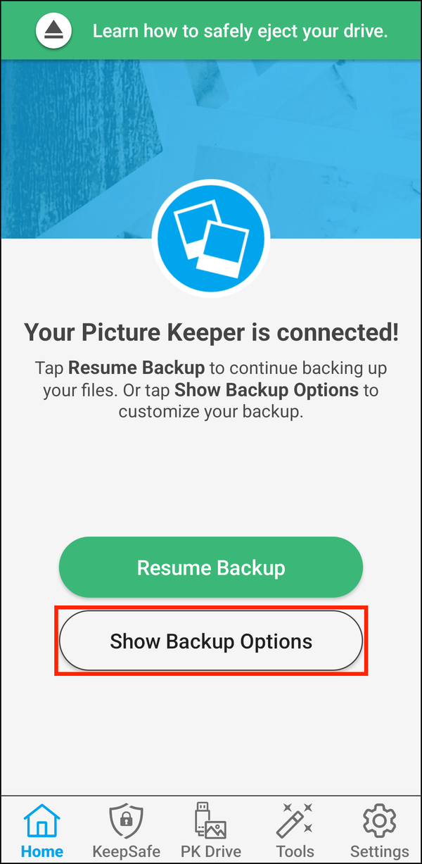 Home screen with Show Backup Options highlighted