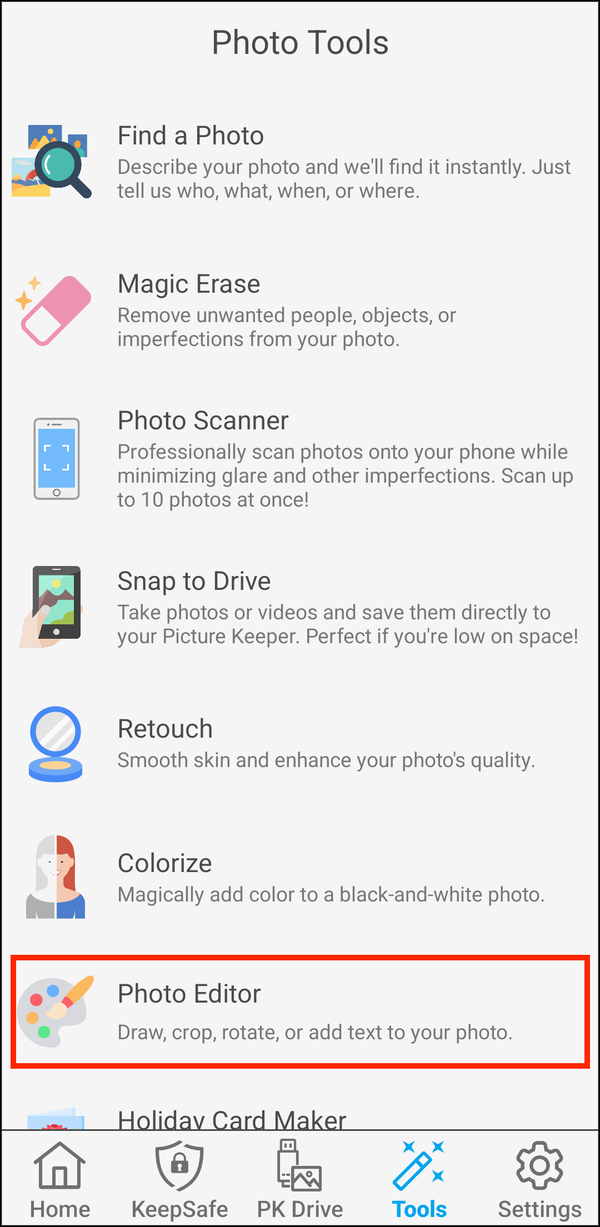 Photo Tools with Photo Editor highlighted